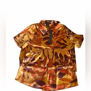 House of Harlow 1960 Satin Button-Down Set in Orange Yellow & Brown Loungewear